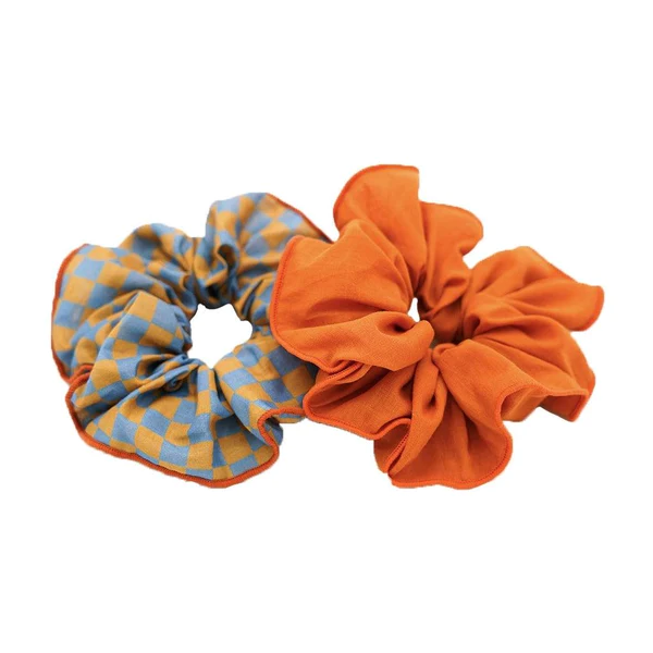 Hair Scrunchie Set of 2 Checks Lagune Wheat
